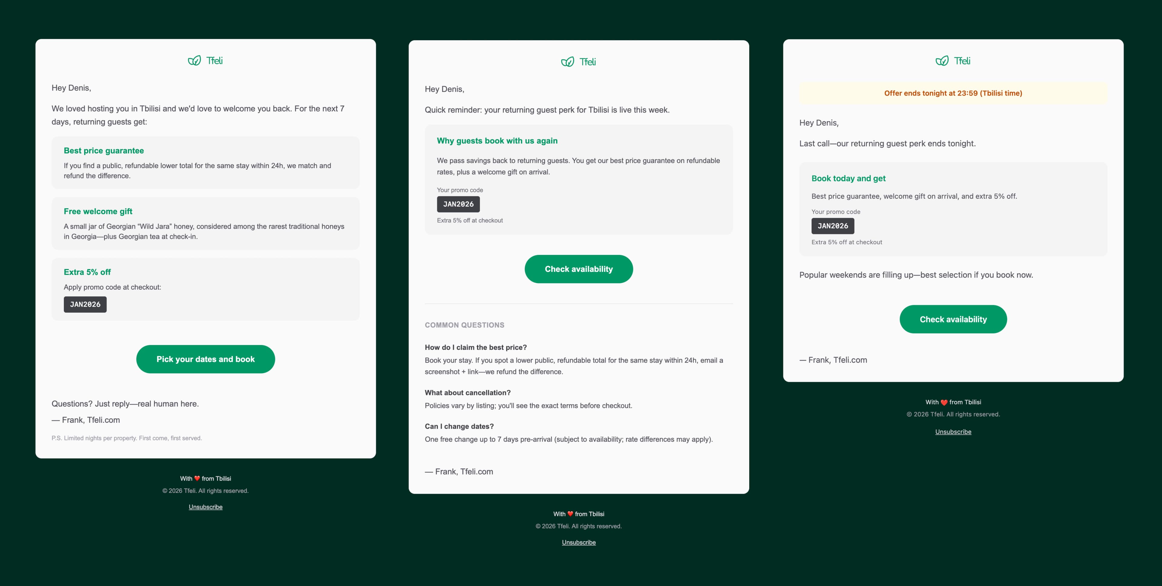 Tfeli guest email campaign — branded email templates for come-back campaigns