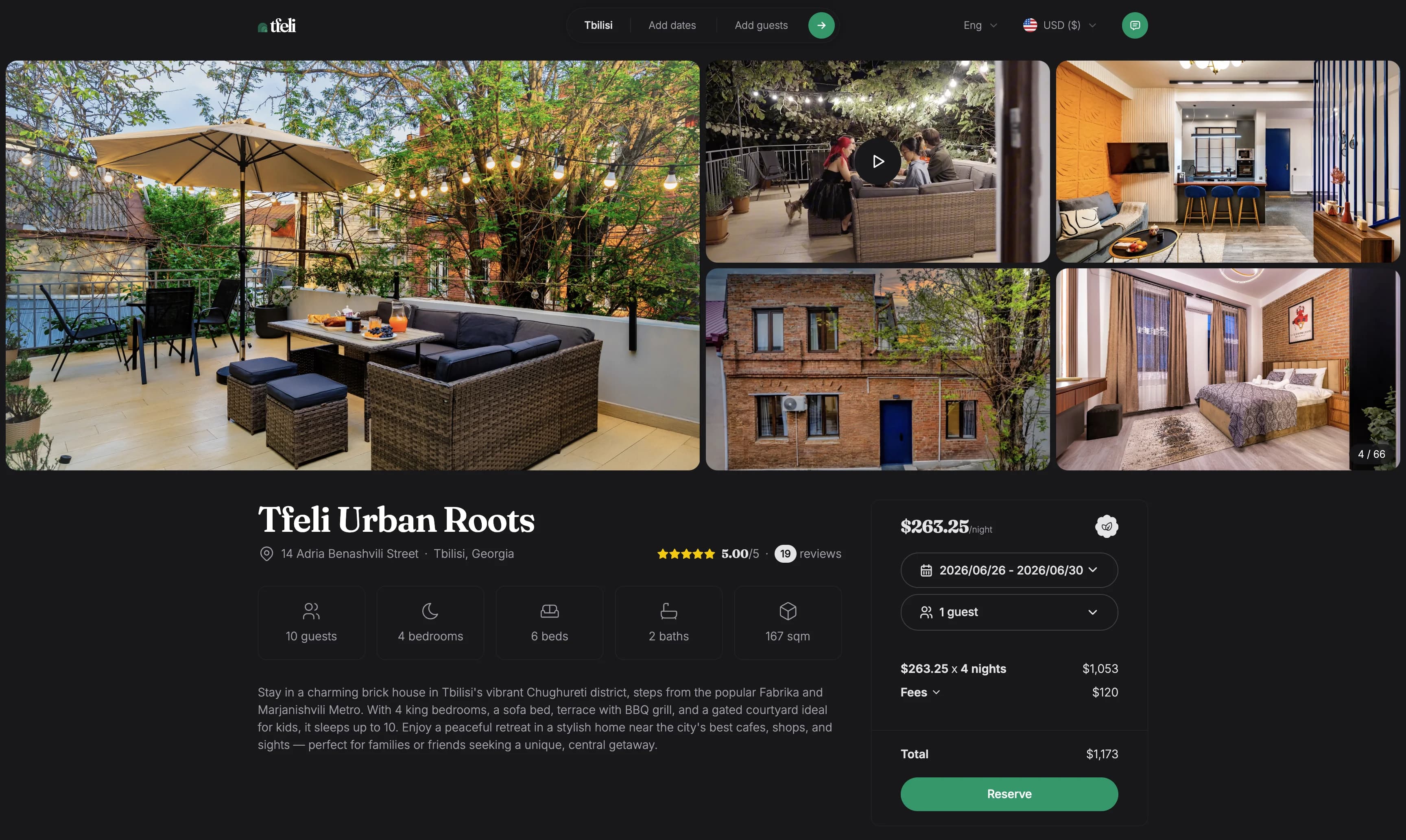 Tfeli direct booking website — apartment listing detail page with gallery and booking widget