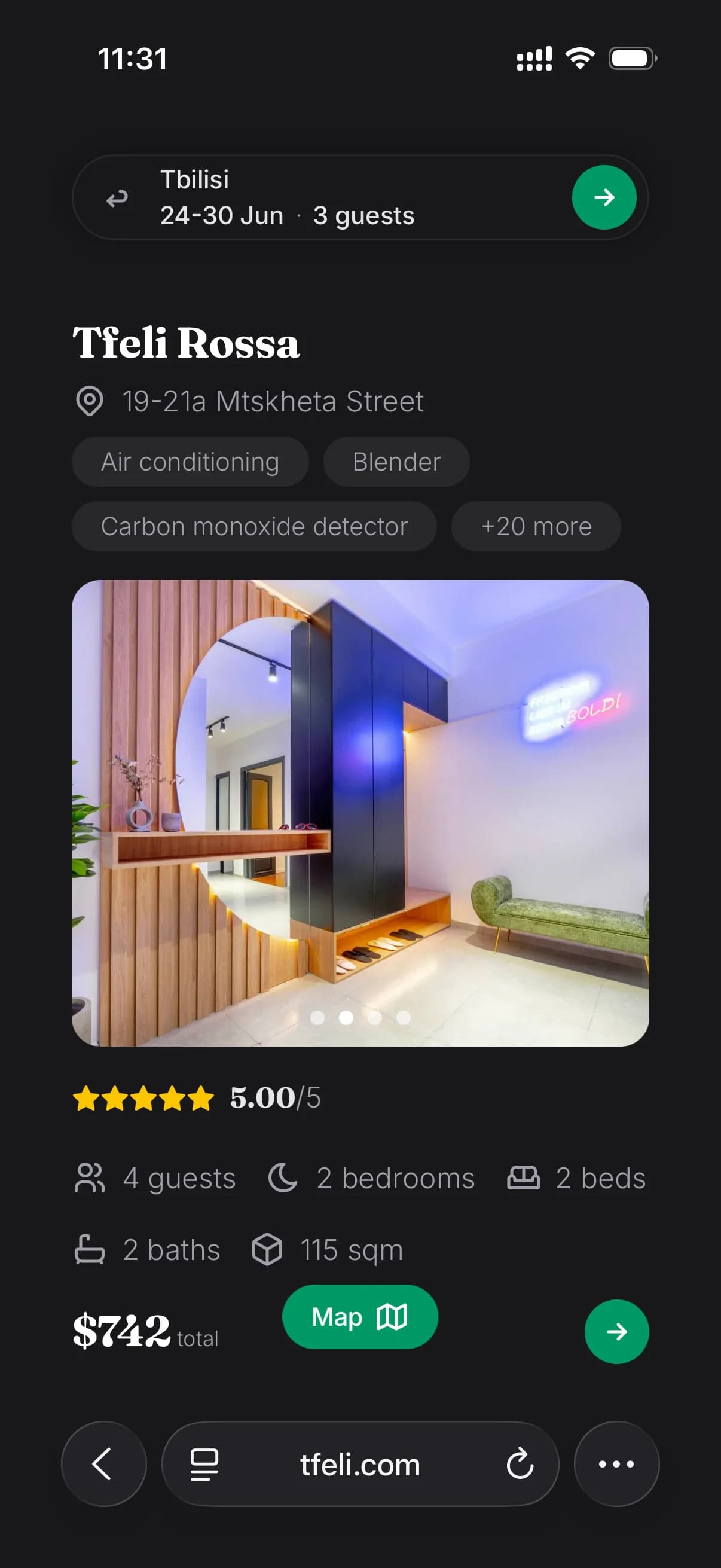 Tfeli mobile listing — featured apartment with custom brand styling
